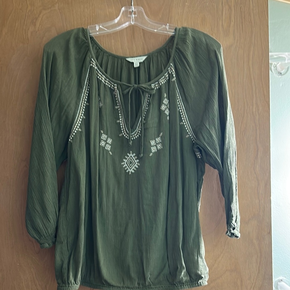 Lucky Brand Olive Embroidered Blouse
